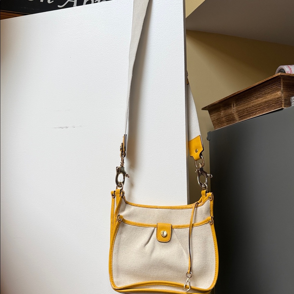 Calvin Klein Cream Canvas Crossbody with Yellow Trim
